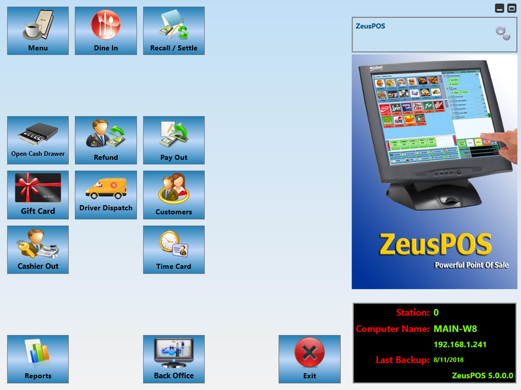 ZeusPOS Restaurant Main Screen