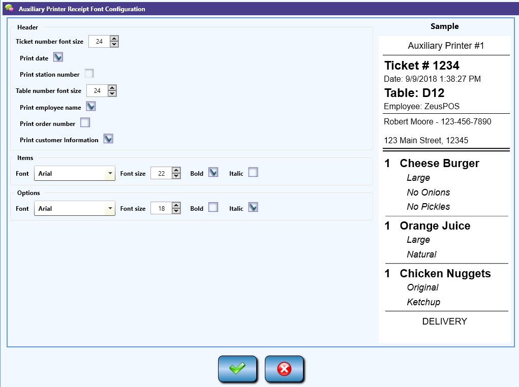 Receipt Font Configuration Screen