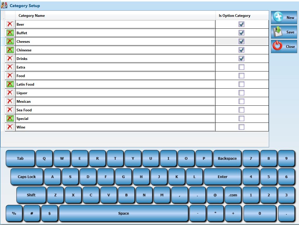 Category Setup Screen