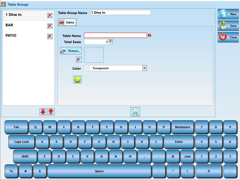 Table Setup Screen