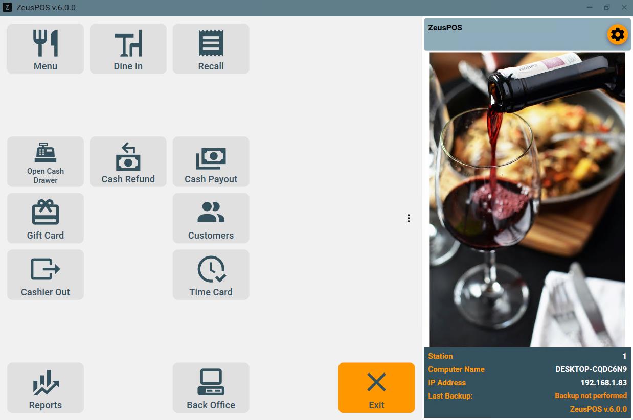 ZeusPOS Restaurant Main Screen