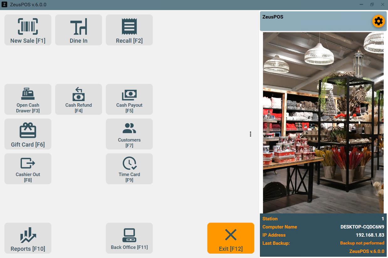 ZeusPOS Retail Main Screen