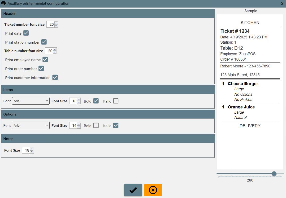 Receipt Font Configuration Screen