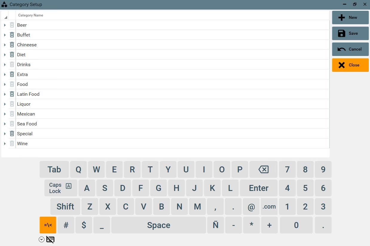 Category Setup Screen
