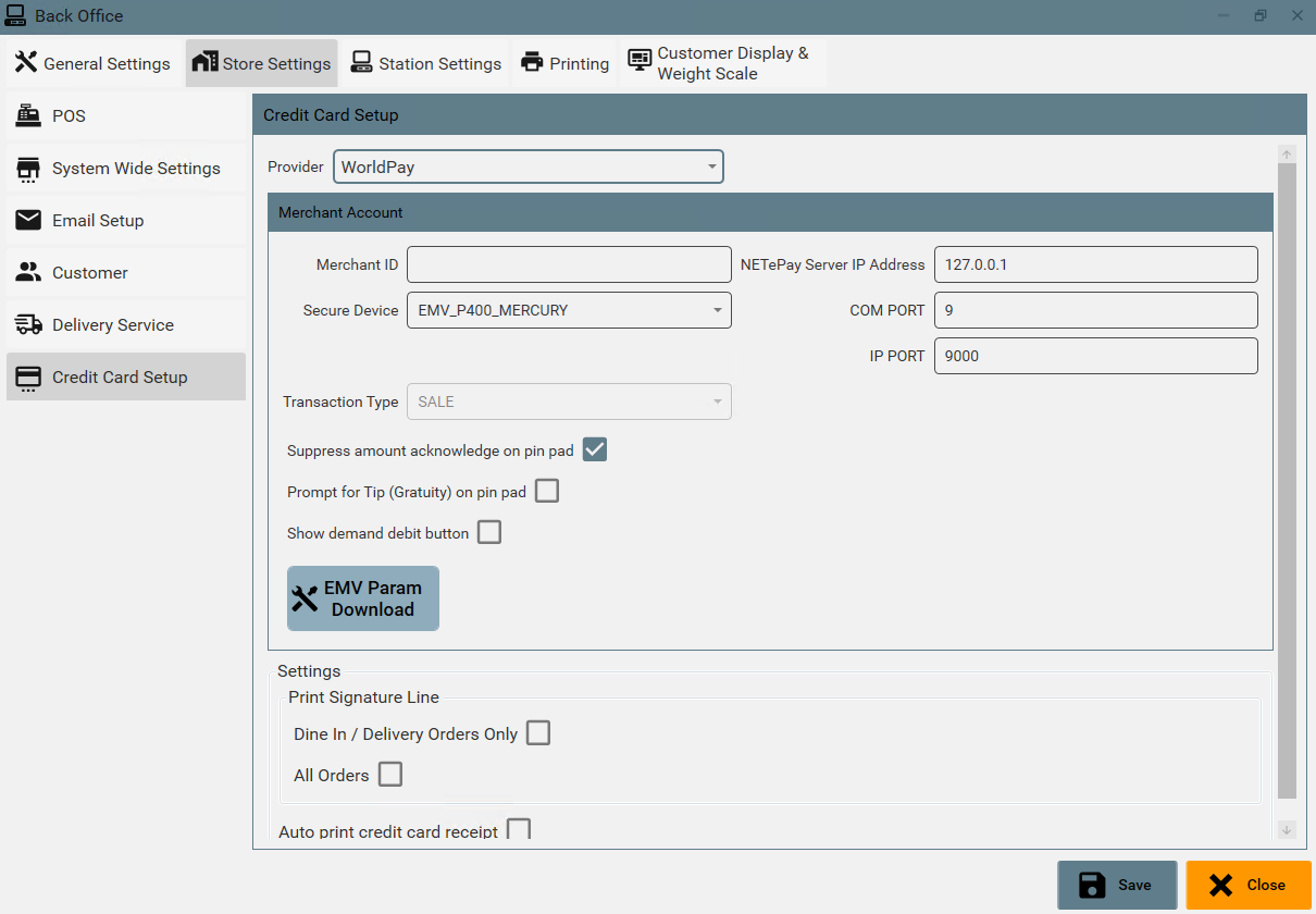 Credit Card Setup Screen