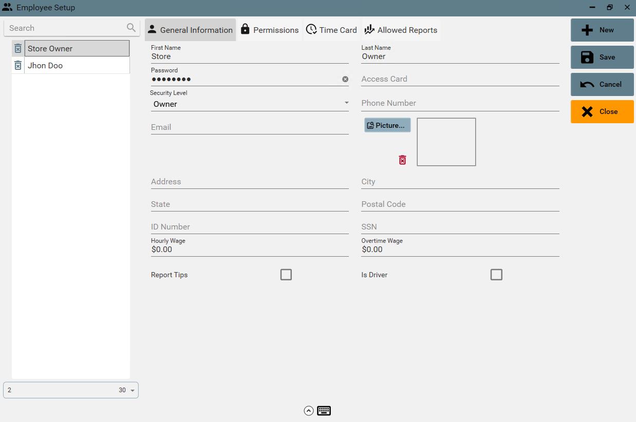 Employee Setup Screen