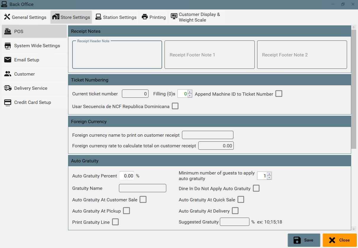 Item Setup Screen