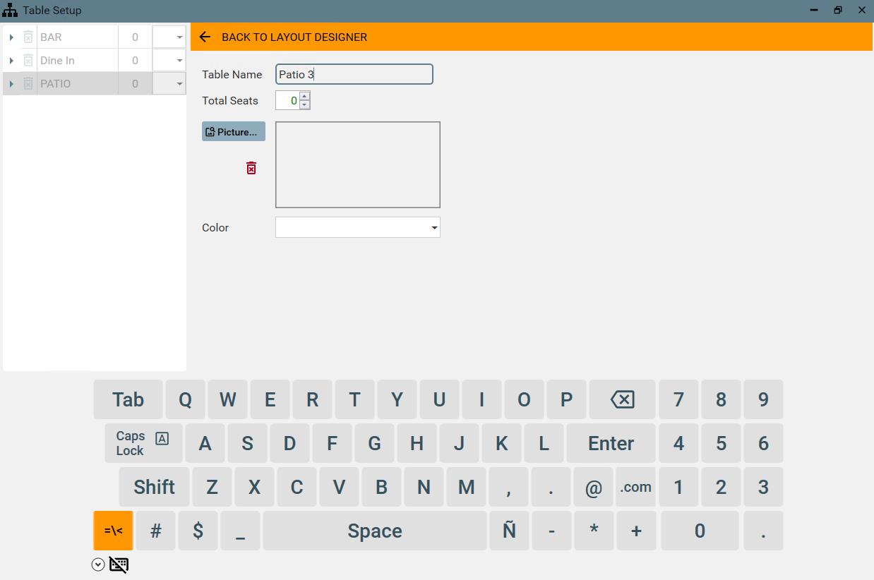 Table Setup Screen