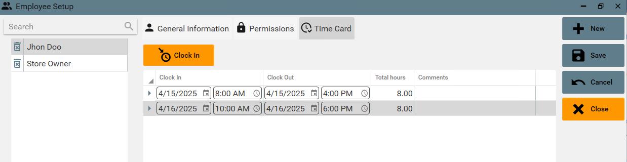 Time Card Edit Screen